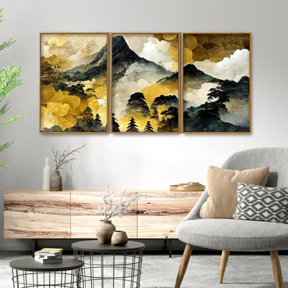 Mountain Scenery of Mount Fuji Premium Floating Canvas Wall Painting Set of Three DECORMANTRA
