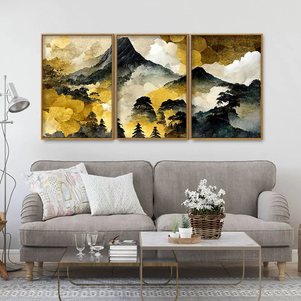 Mountain Scenery of Mount Fuji Premium Floating Canvas Wall Painting Set of Three DECORMANTRA