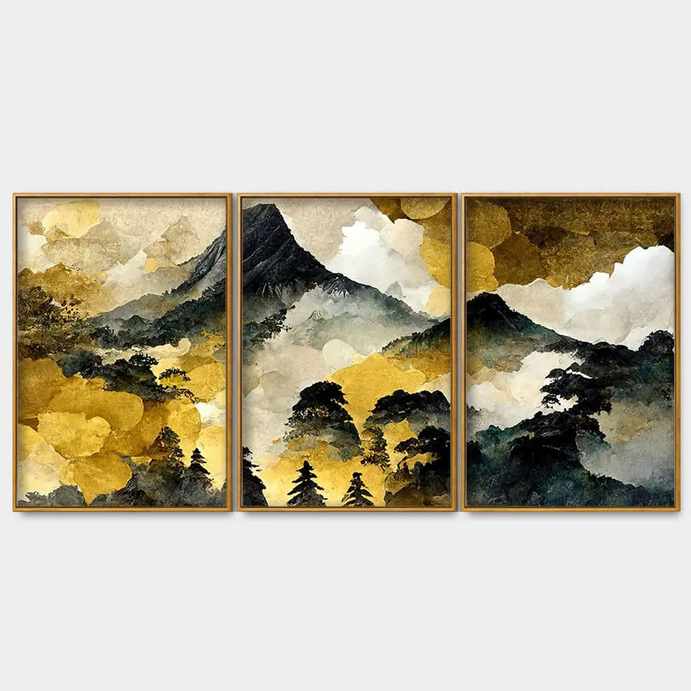 Mountain Scenery of Mount Fuji Premium Floating Canvas Wall Painting Set of Three DECORMANTRA