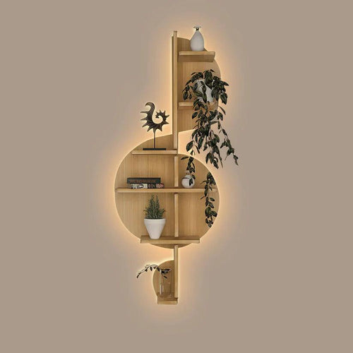 Music Note Backlit Designer Wooden Wall Shelf / Book Shelf / Night Light, Light Oak Finish - Decor Mantra