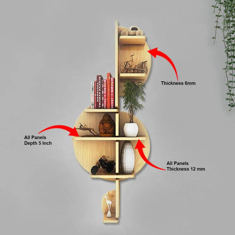 Music Note Backlit Designer Wooden Wall Shelf / Book Shelf / Night Light, Light Oak Finish - Decor Mantra 