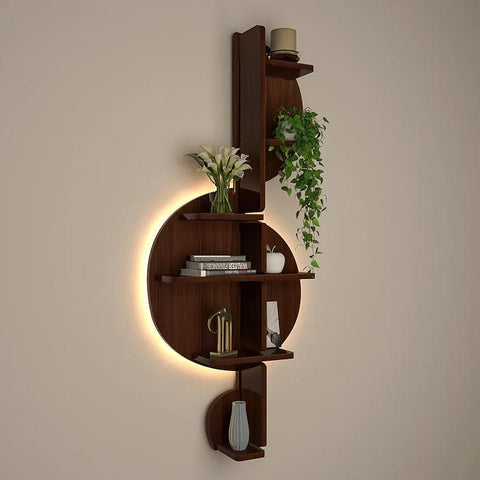 Music Note Backlit Designer Wooden Wall Shelf / Book Shelf / Night Light, Walnut Finish - Decor Mantra 