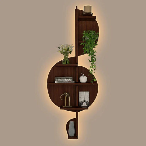 Music Note Backlit Designer Wooden Wall Shelf / Book Shelf / Night Light, Walnut Finish - Decor Mantra 
