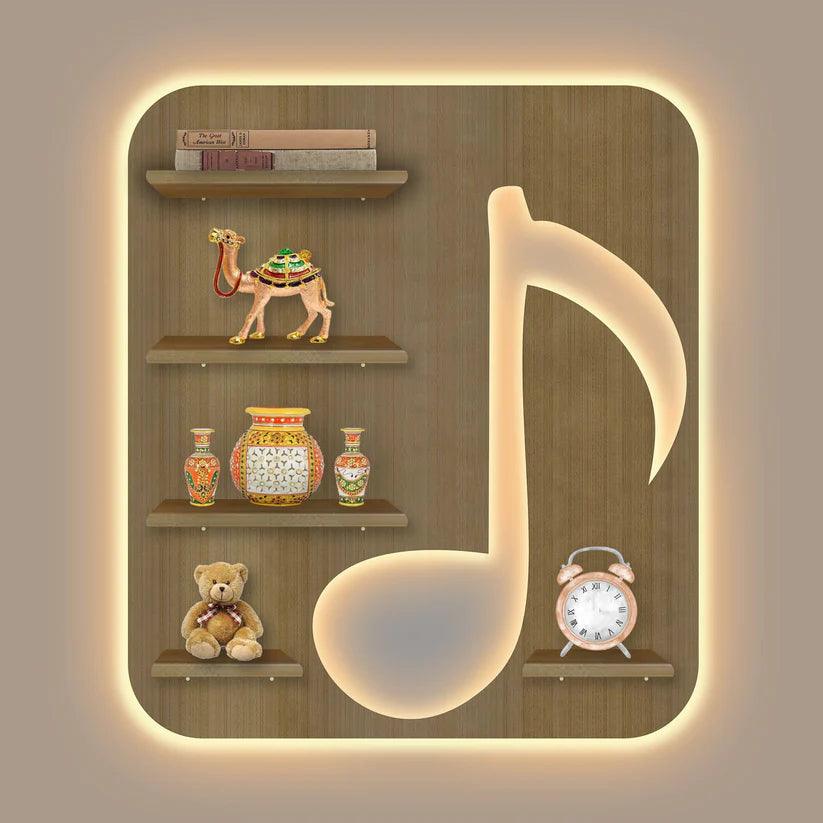 Music Symbol Note Backlit Wooden LED Light Wall Shelf with Oak Finish - Decor Mantra 
