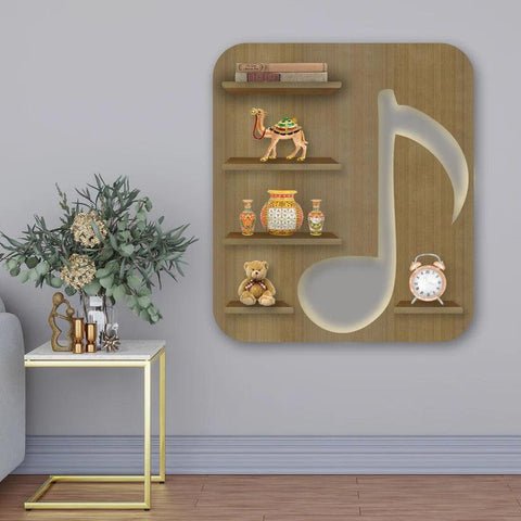 Music Symbol Note Backlit Wooden LED Light Wall Shelf with Oak Finish - Decor Mantra 