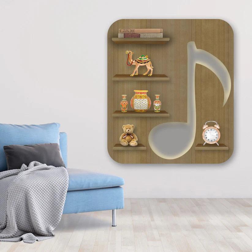 Music Symbol Note Backlit Wooden LED Light Wall Shelf with Oak Finish - Decor Mantra 