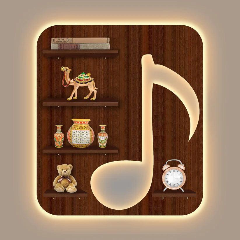 Music Symbol Note Backlit Wooden LED Light Wall Shelf with Walnut Finish - Decor Mantra 