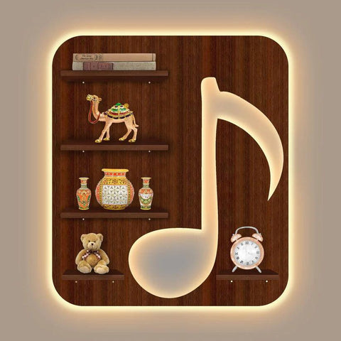 Music Symbol Note Backlit Wooden LED Light Wall Shelf with Walnut Finish - Decor Mantra 