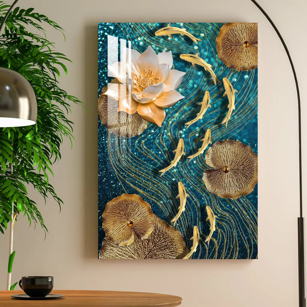Modern Lotus With Koi Fish Acrylic Wall Art DECORMANTRA