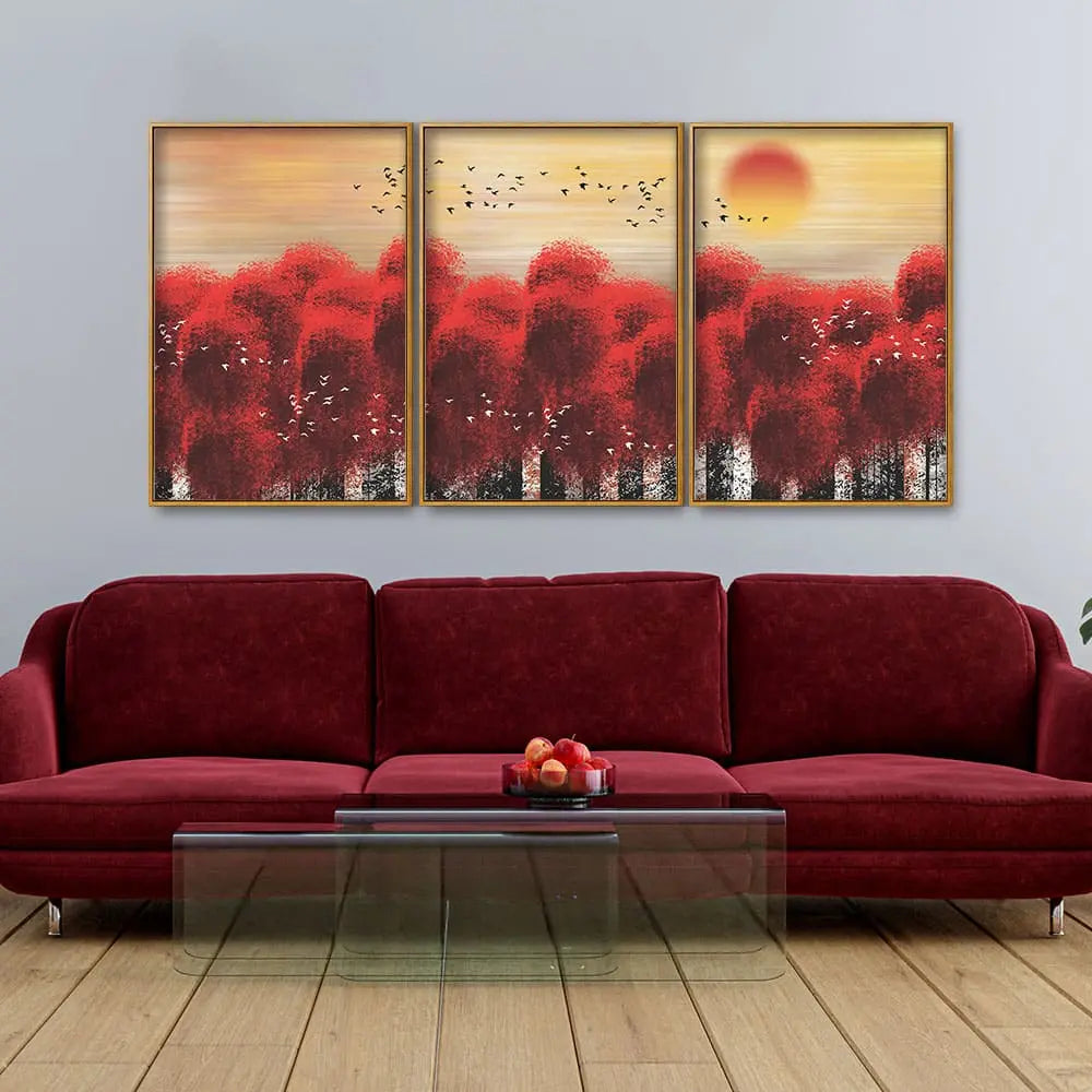 Sunset with Red Tree Premium Floating Canvas Wall Painting Set of Three Decor Mantra
