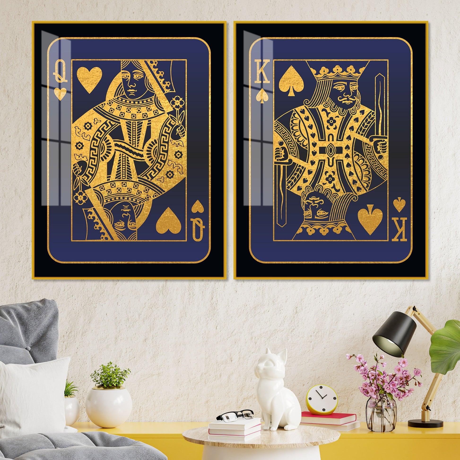 Golden Card of King and Queen Acrylic Floating Wall Painting Set of 2 - Decor Mantra 