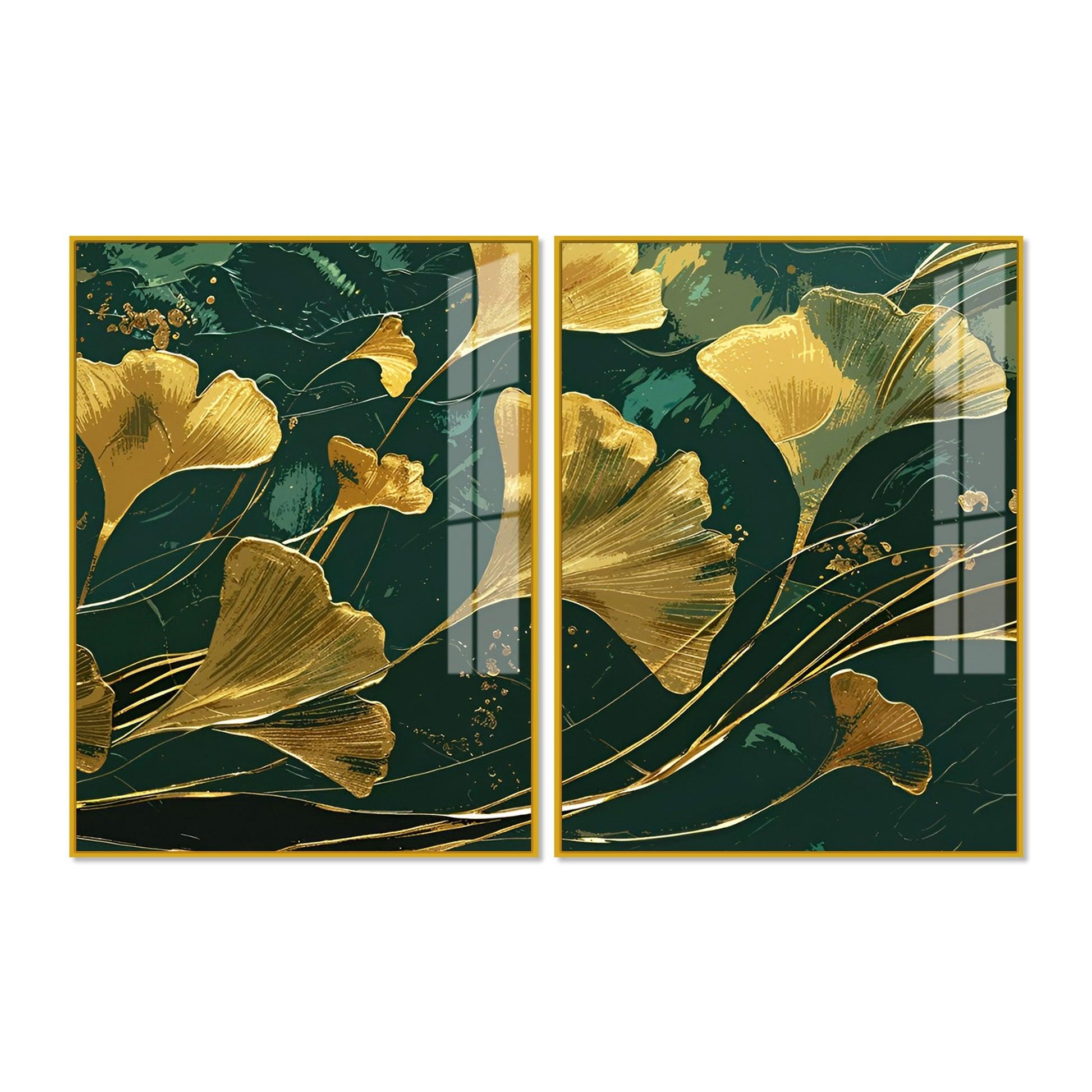 Golden Ginkgo Biloba Leaves Drawn Acrylic Floating Wall Painting Set Of 2 - Decor Mantra 
