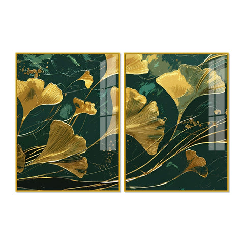 Golden Ginkgo Biloba Leaves Drawn Acrylic Floating Wall Painting Set Of 2 - Decor Mantra 