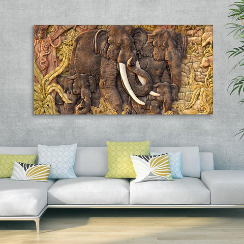 Elephant Family in the Forest Textured Art Premium Wall Painting - Decor Mantra 