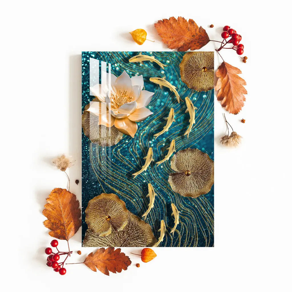 Modern Lotus With Koi Fish Acrylic Wall Art DECORMANTRA