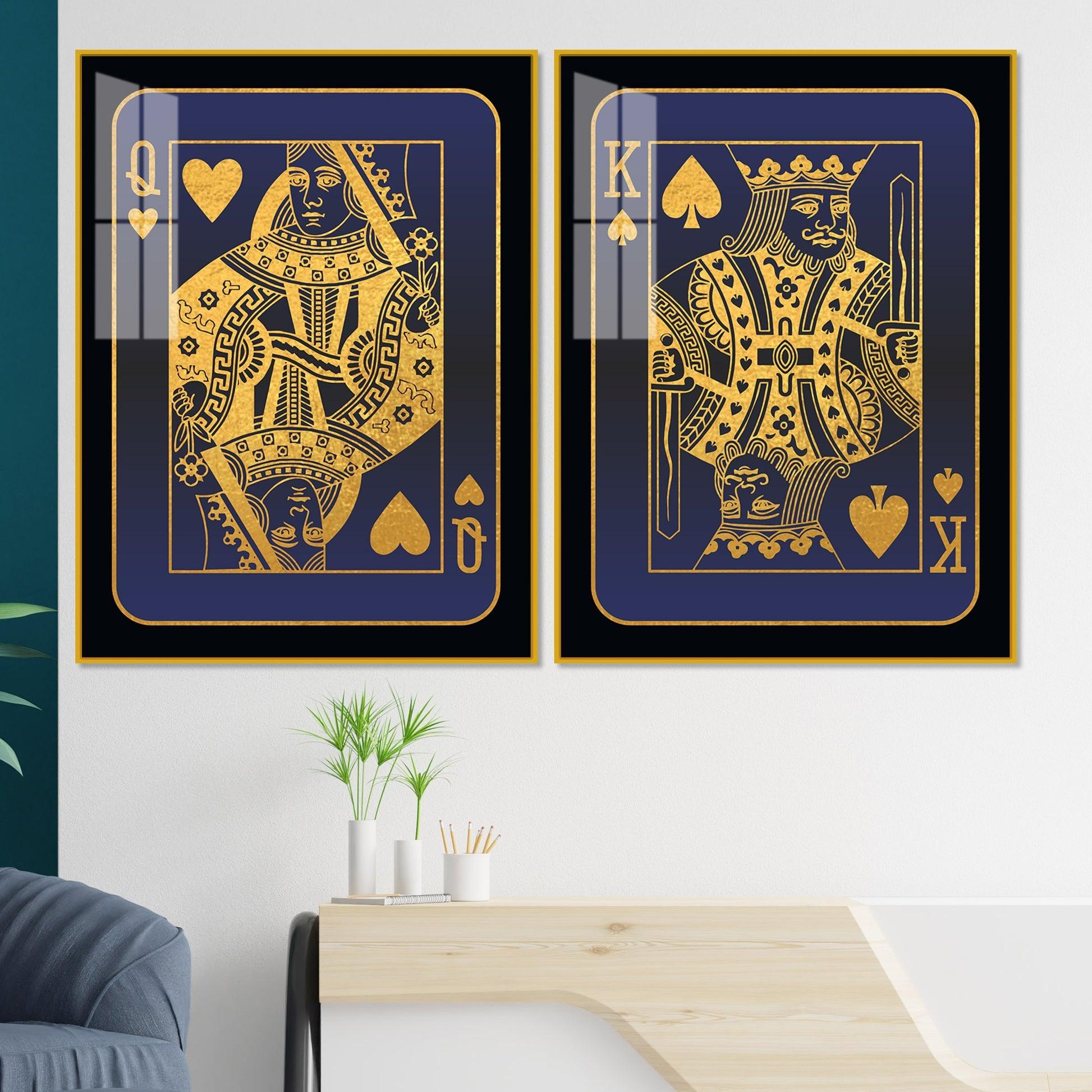 Golden Card of King and Queen Acrylic Floating Wall Painting Set of 2 - Decor Mantra 