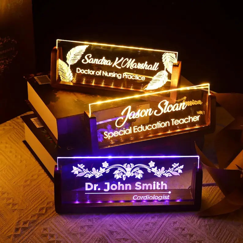 Personalized LED Desk Name Plate, Desk Accessories, Nameplate Sign, Office Gifts for Boss Coworkers, New Job Gift, College Graduation Gifts - Harshita Craft