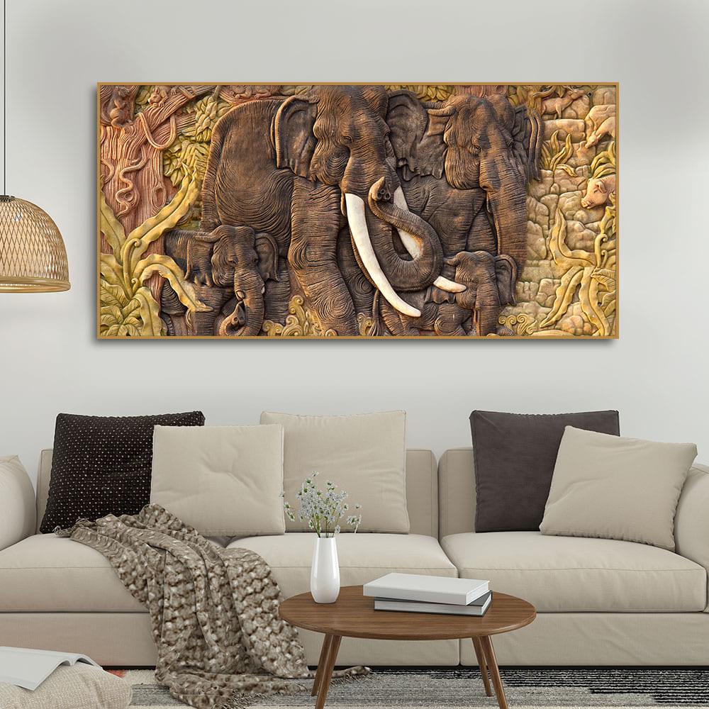 Elephant Family in the Forest Textured Art Premium Wall Painting - Decor Mantra 