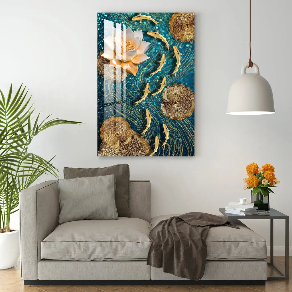 Modern Lotus With Koi Fish Acrylic Wall Art DECORMANTRA