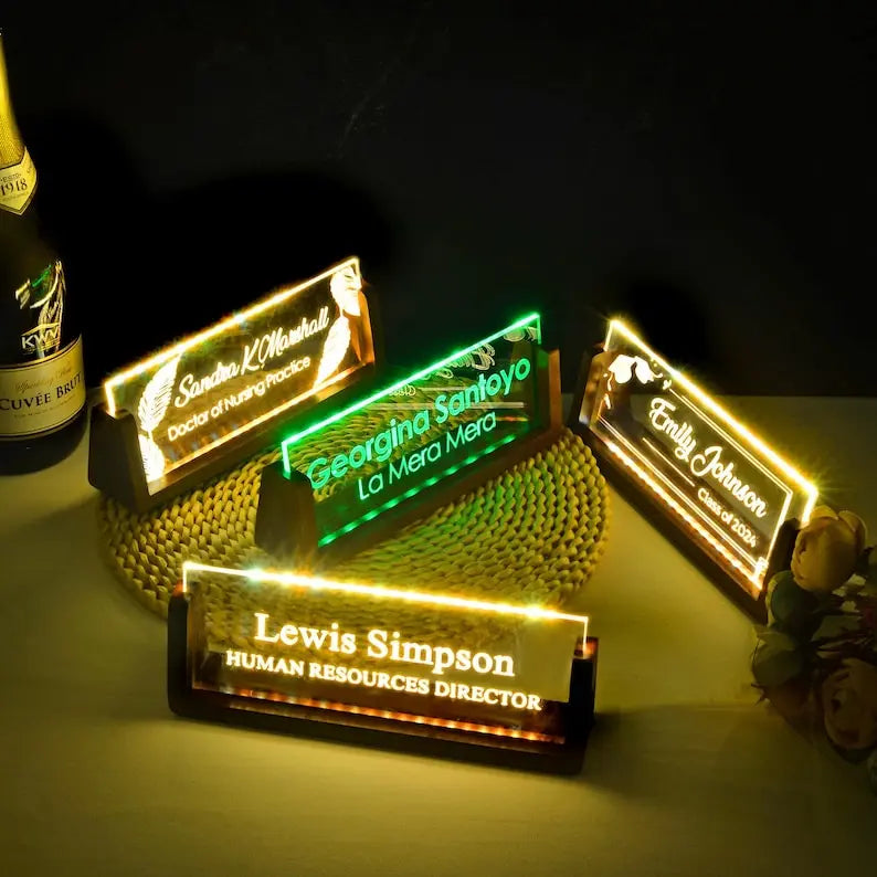 Personalized LED Desk Name Plate, Desk Accessories, Nameplate Sign, Office Gifts for Boss Coworkers, New Job Gift, College Graduation Gifts - Harshita Craft