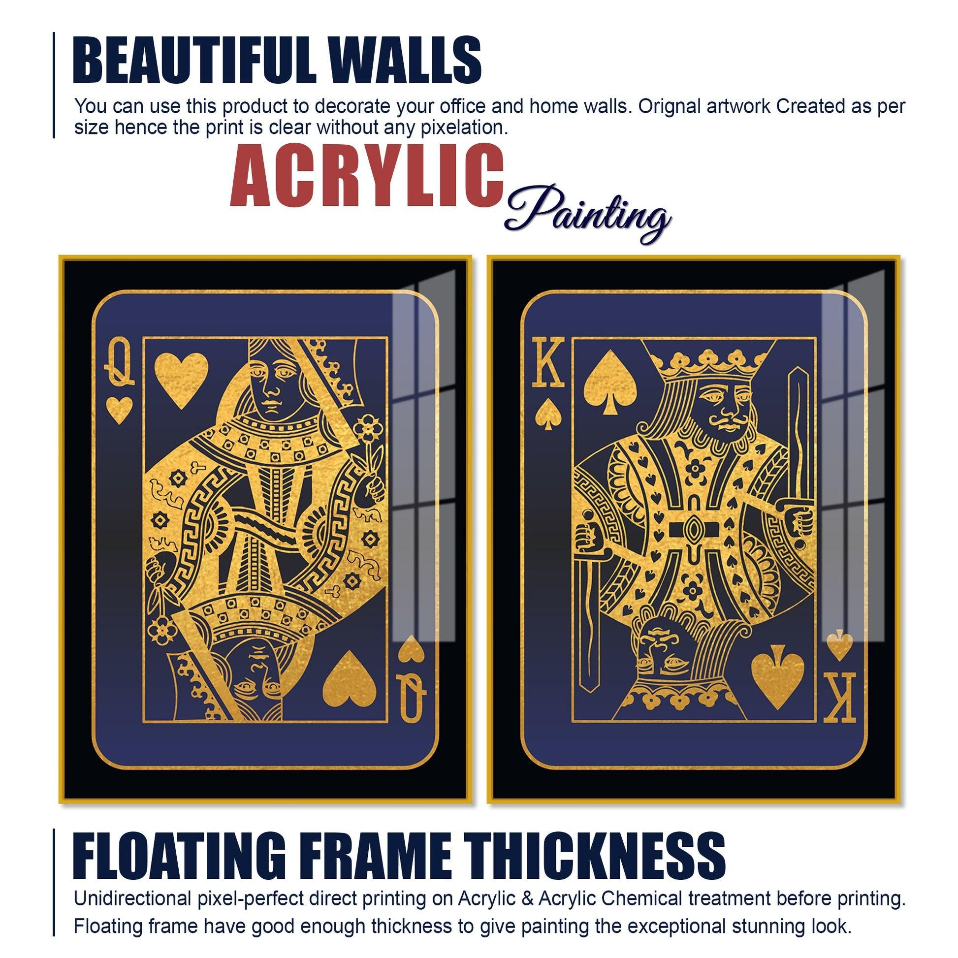 Golden Card of King and Queen Acrylic Floating Wall Painting Set of 2 - Decor Mantra 