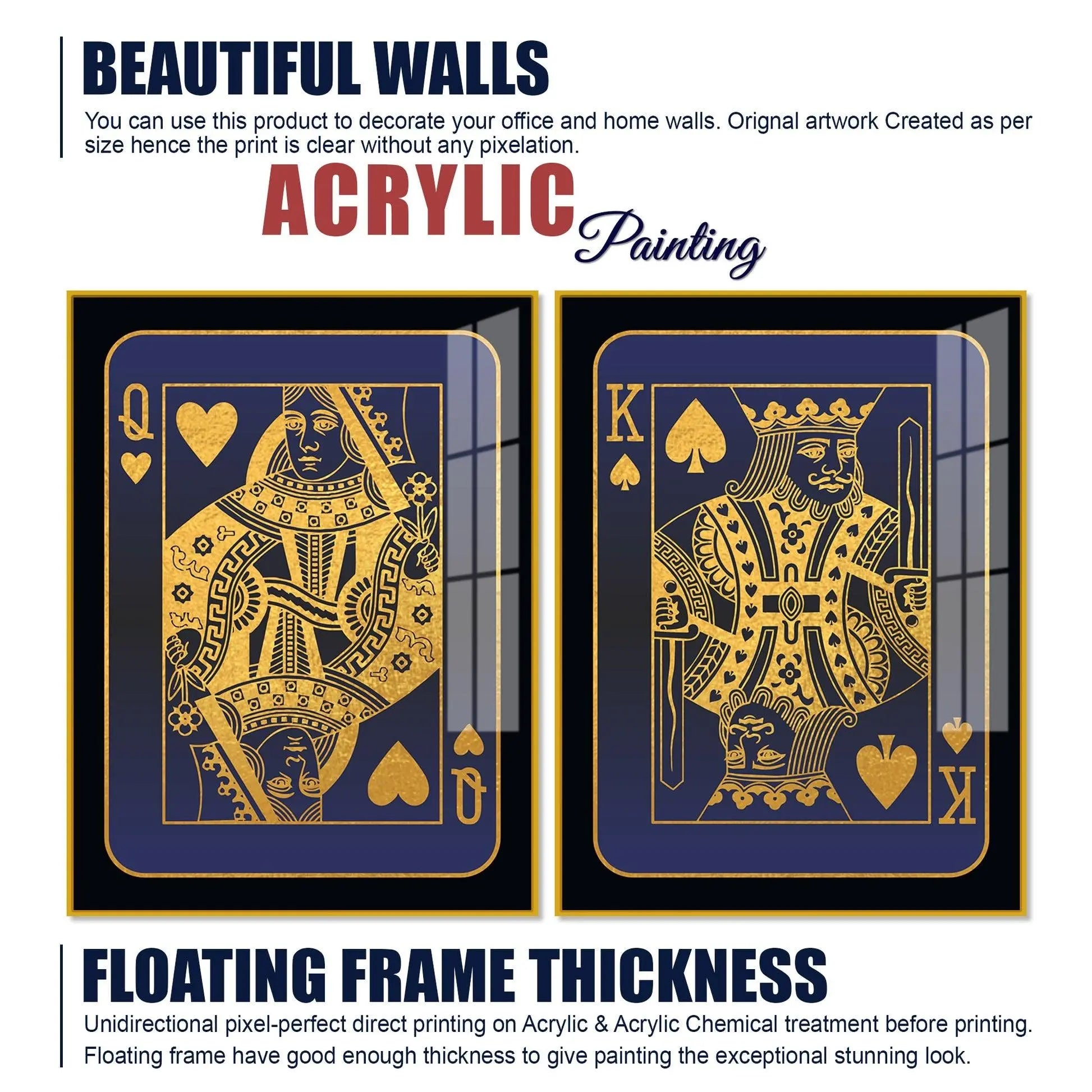 Golden Card of King and Queen Acrylic Floating Wall Painting Set of 2 - Decor Mantra 