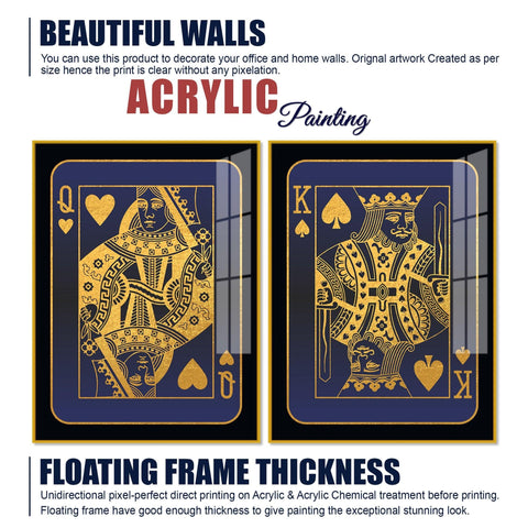 Golden Card of King and Queen Acrylic Floating Wall Painting Set of 2 - Decor Mantra 