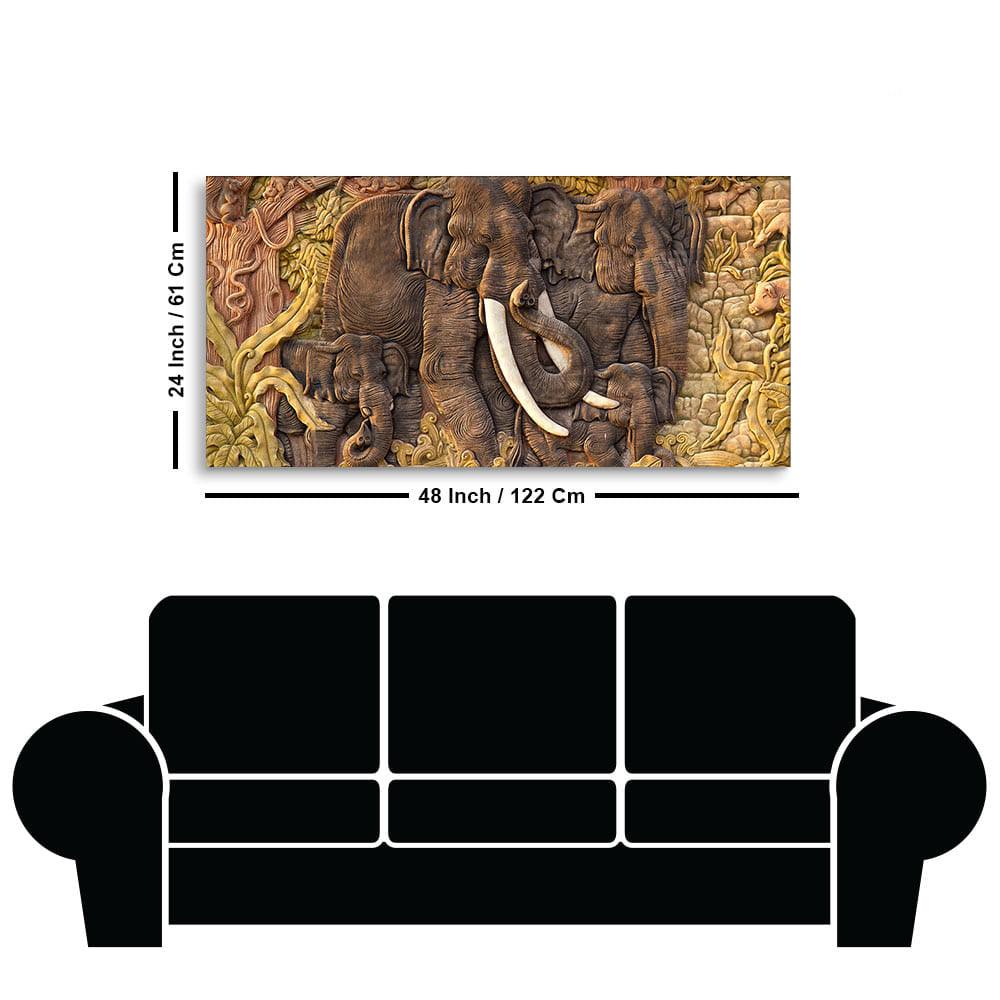 Elephant Family in the Forest Textured Art Premium Wall Painting - Decor Mantra 