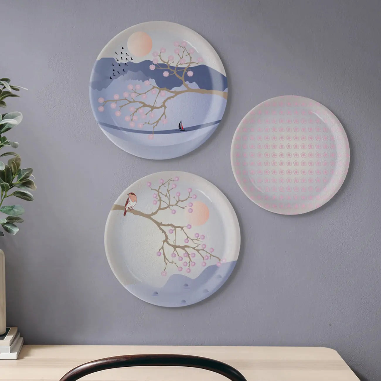 Spring-Inspired Art for Serene Spaces collage porcelain plate Set of 3 - Harshita Craft