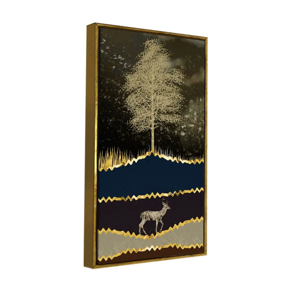 Night Landscape with Blue and golden Deer Premium Canvas Wall Painting DECORMANTRA