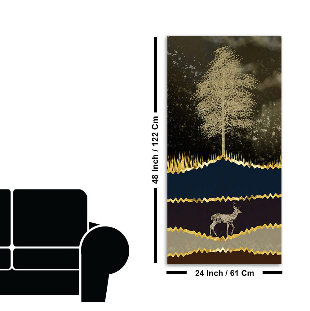 Night Landscape with Blue and golden Deer Premium Canvas Wall Painting DECORMANTRA