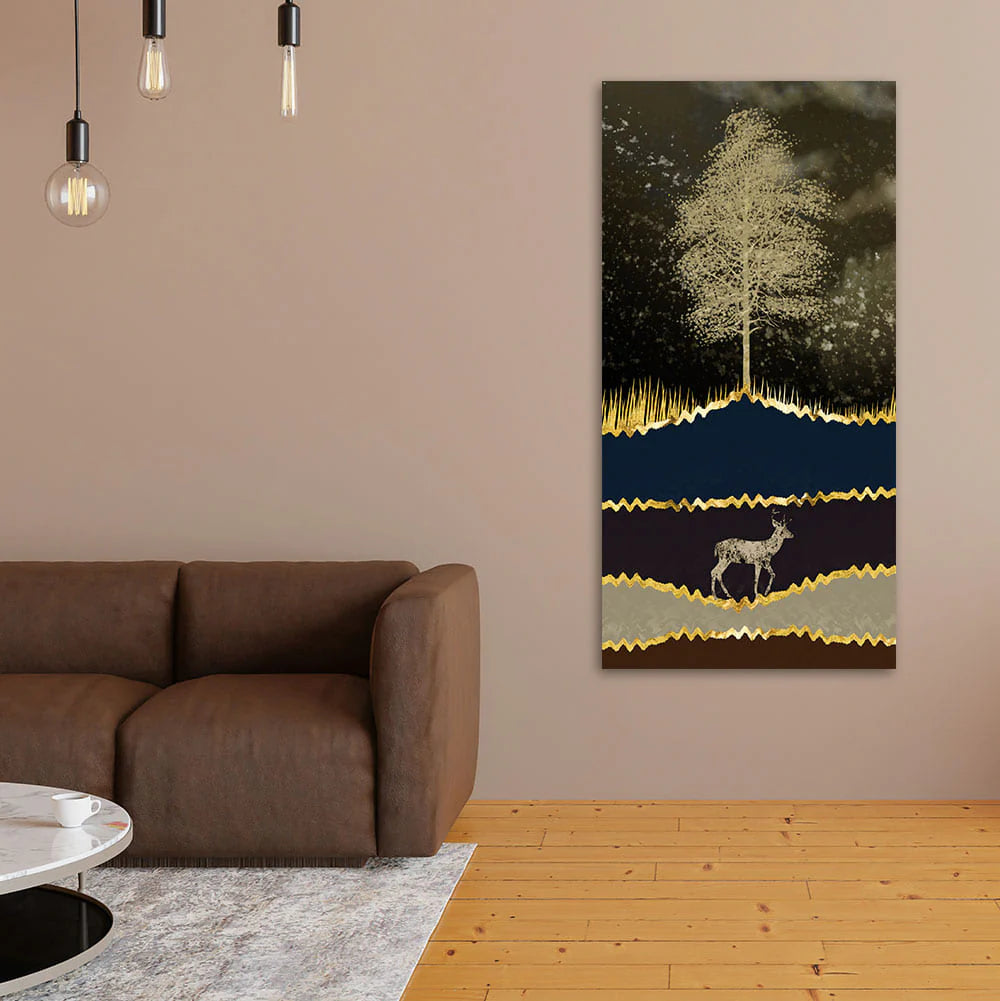 Night Landscape with Blue and golden Deer Premium Canvas Wall Painting DECORMANTRA