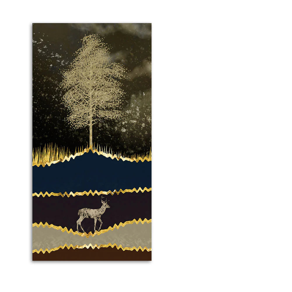 Night Landscape with Blue and golden Deer Premium Canvas Wall Painting DECORMANTRA