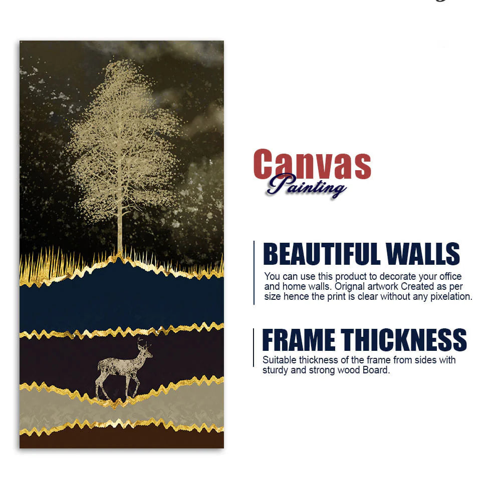 Night Landscape with Blue and golden Deer Premium Canvas Wall Painting DECORMANTRA