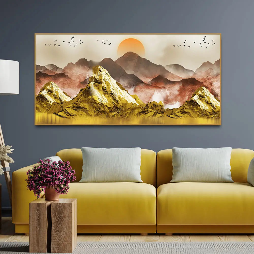 Golden Mountains and Birds Scenery Premium Canvas Wall Painting Decor Mantra