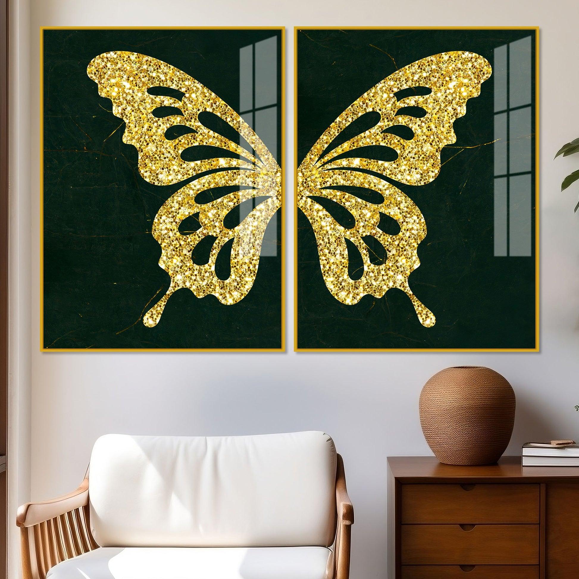 Golden Sparkling Butterfly Acrylic Floating Wall Painting Set of - Decor Mantra 