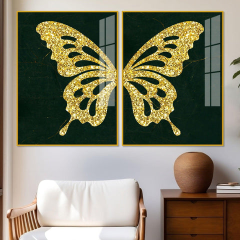 Golden Sparkling Butterfly Acrylic Floating Wall Painting Set of - Decor Mantra 