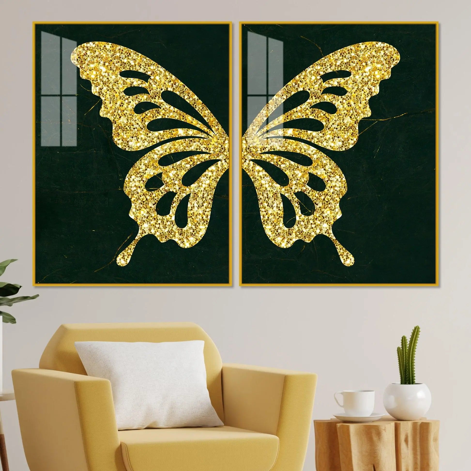 Golden Sparkling Butterfly Acrylic Floating Wall Painting Set of - Decor Mantra 