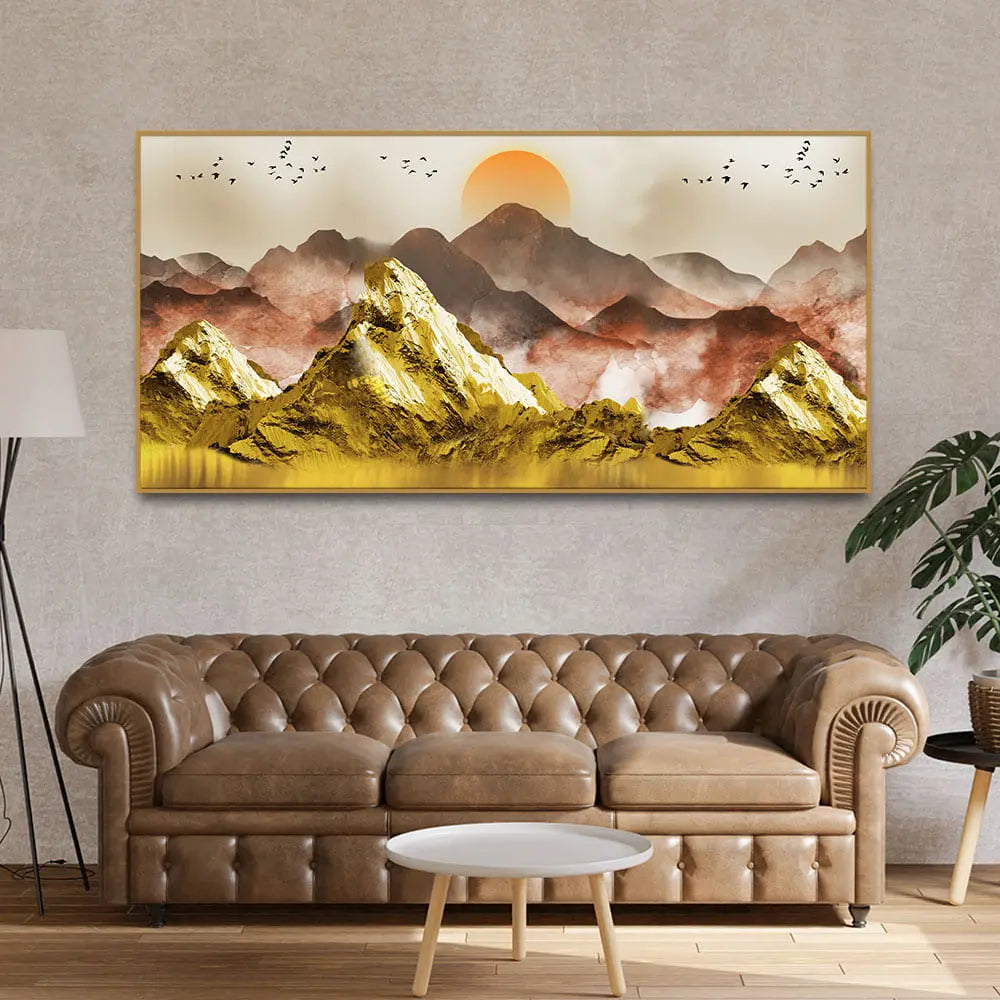 Golden Mountains and Birds Scenery Premium Canvas Wall Painting Decor Mantra