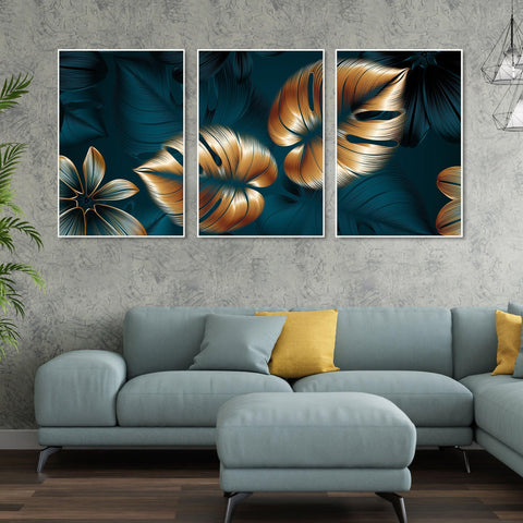 Shiny Golden Leaves Floating Canvas Wall Painting Set of Three - Decor Mantra 