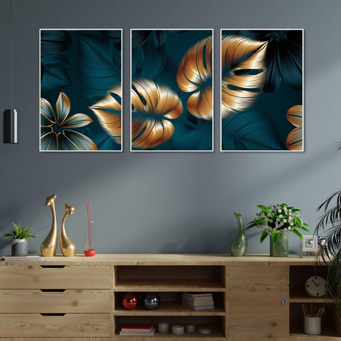 Shiny Golden Leaves Floating Canvas Wall Painting Set of Three - Decor Mantra 