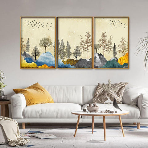 Beautiful Mountain Landscape with Trees Premium Floating Canvas Wall Painting Set of Three - Decor Mantra 
