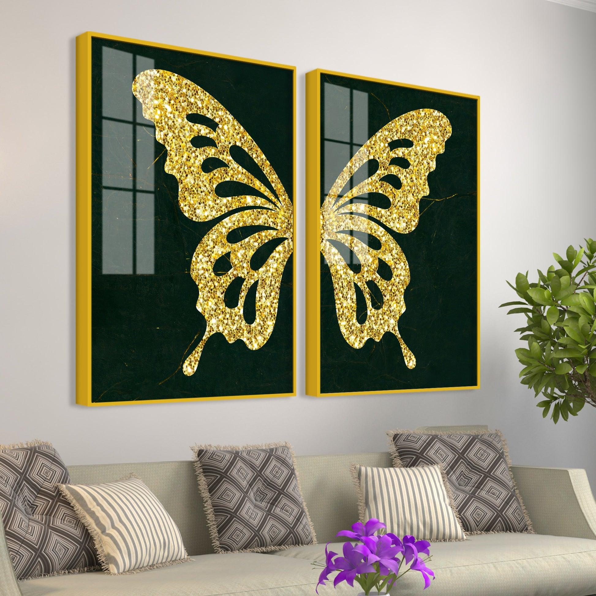 Golden Sparkling Butterfly Acrylic Floating Wall Painting Set of - Decor Mantra 