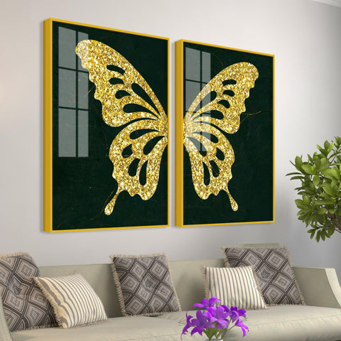 Golden Sparkling Butterfly Acrylic Floating Wall Painting Set of - Decor Mantra 