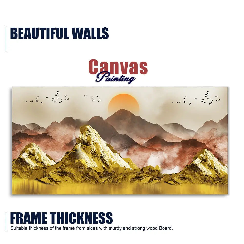 Golden Mountains and Birds Scenery Premium Canvas Wall Painting Decor Mantra