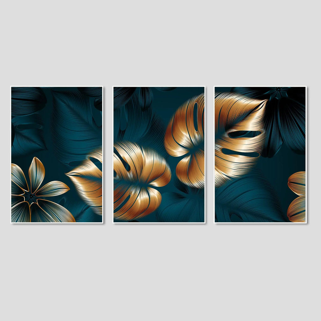 Shiny Golden Leaves Floating Canvas Wall Painting Set of Three - Decor Mantra 