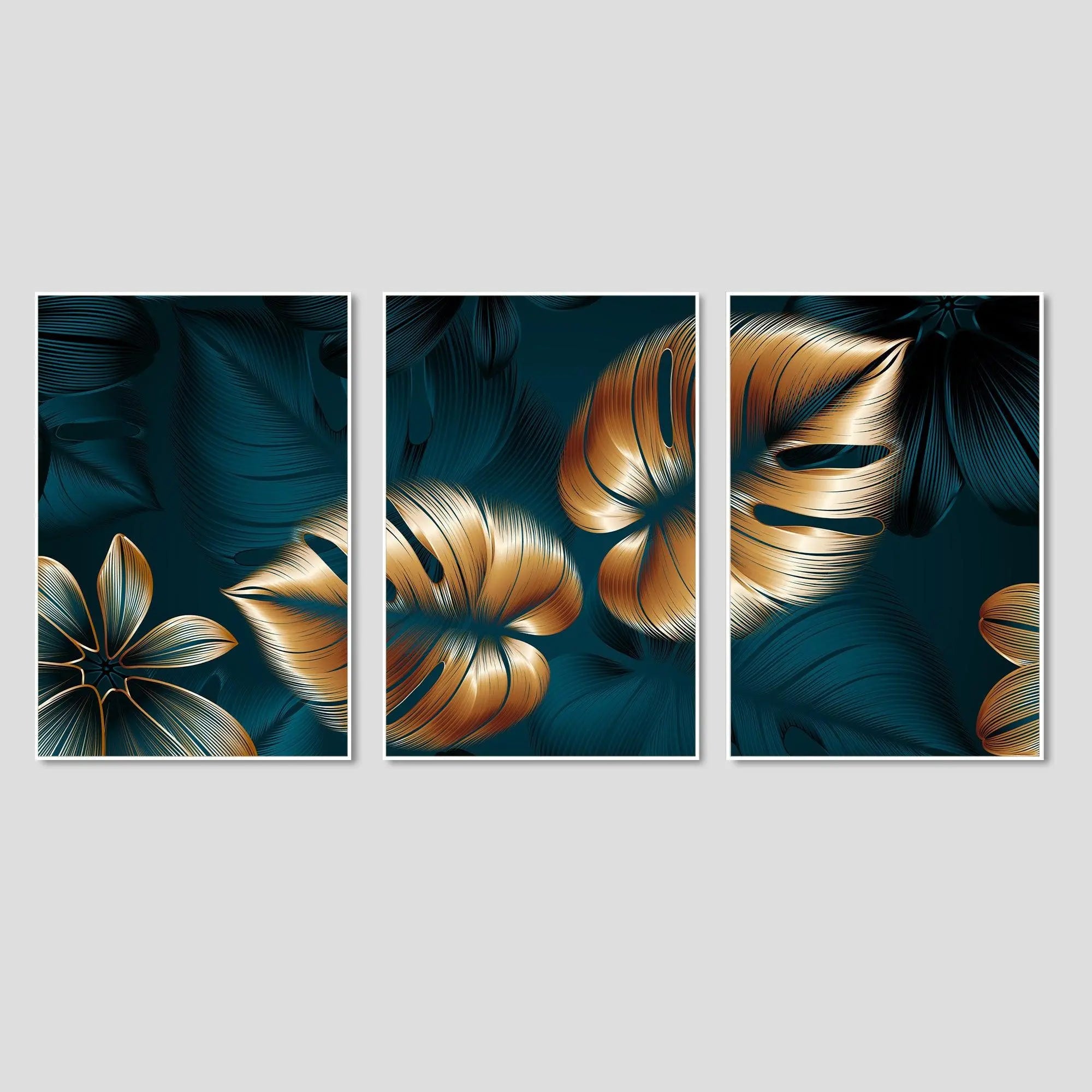 Shiny Golden Leaves Floating Canvas Wall Painting Set of Three - Decor Mantra 
