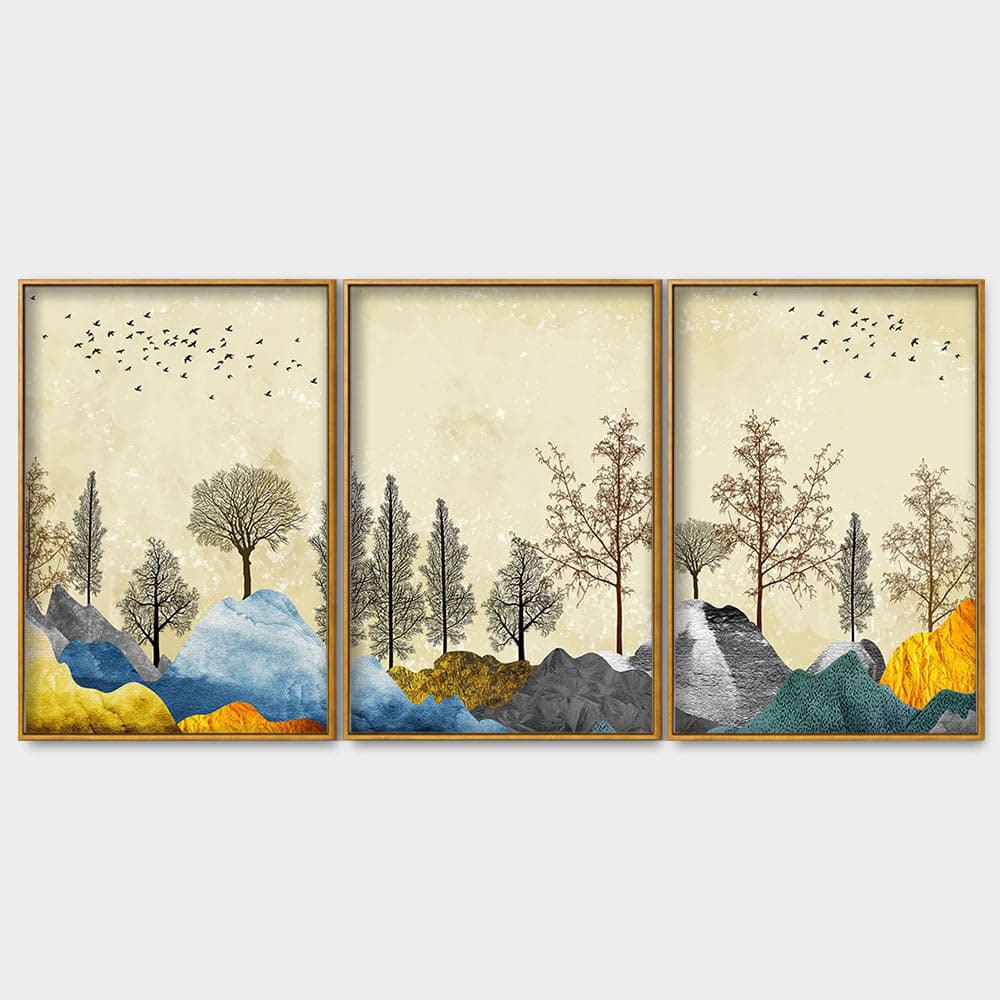 Beautiful Mountain Landscape with Trees Premium Floating Canvas Wall Painting Set of Three - Decor Mantra 