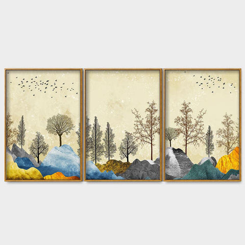 Beautiful Mountain Landscape with Trees Premium Floating Canvas Wall Painting Set of Three - Decor Mantra 