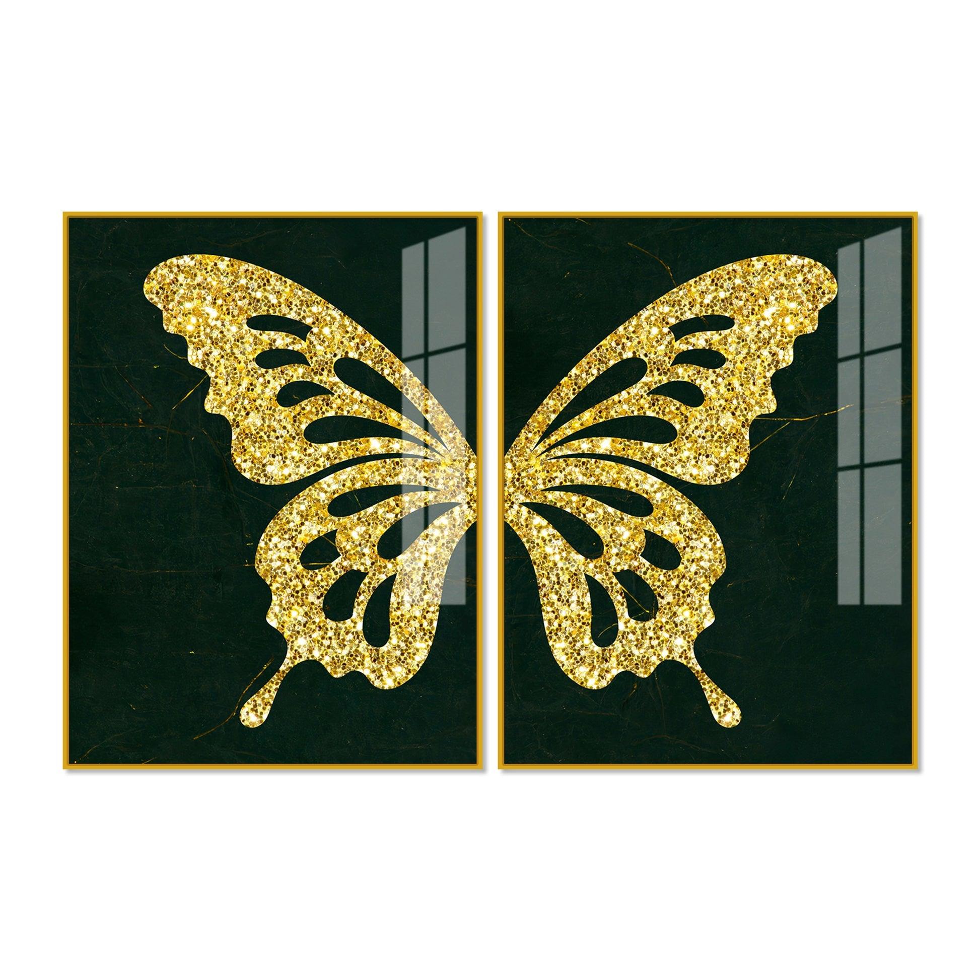 Golden Sparkling Butterfly Acrylic Floating Wall Painting Set of - Decor Mantra 